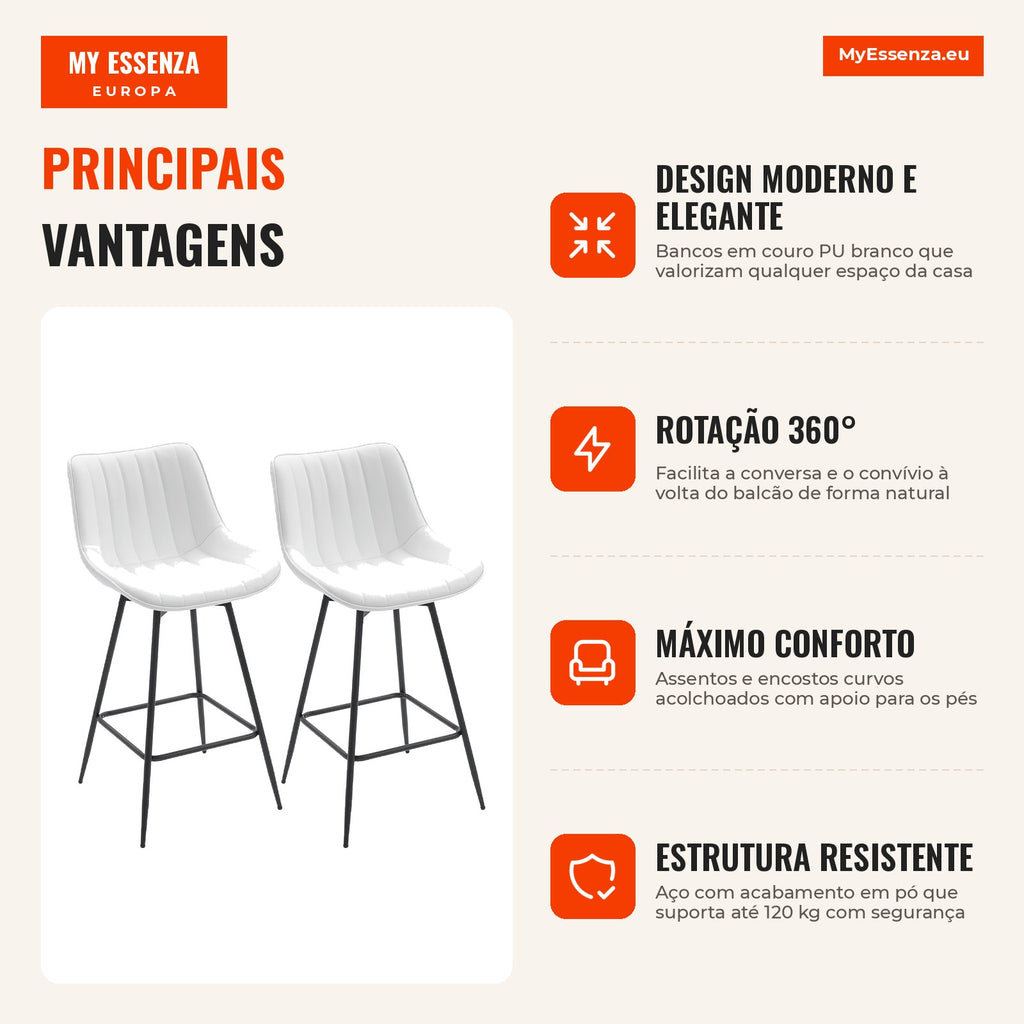 Set of 2 Swivel Bar Stools High Kitchen Chairs with Curved Backrest and PU Upholstered Footrest Steel Frame High Kitchen — Infografia PT (vantagens)