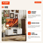 Modern TV Stand with 2 Open Compartments and 2 Doors for 55" TVs 120x35x48 cm White — Infografia EN (em utilização)