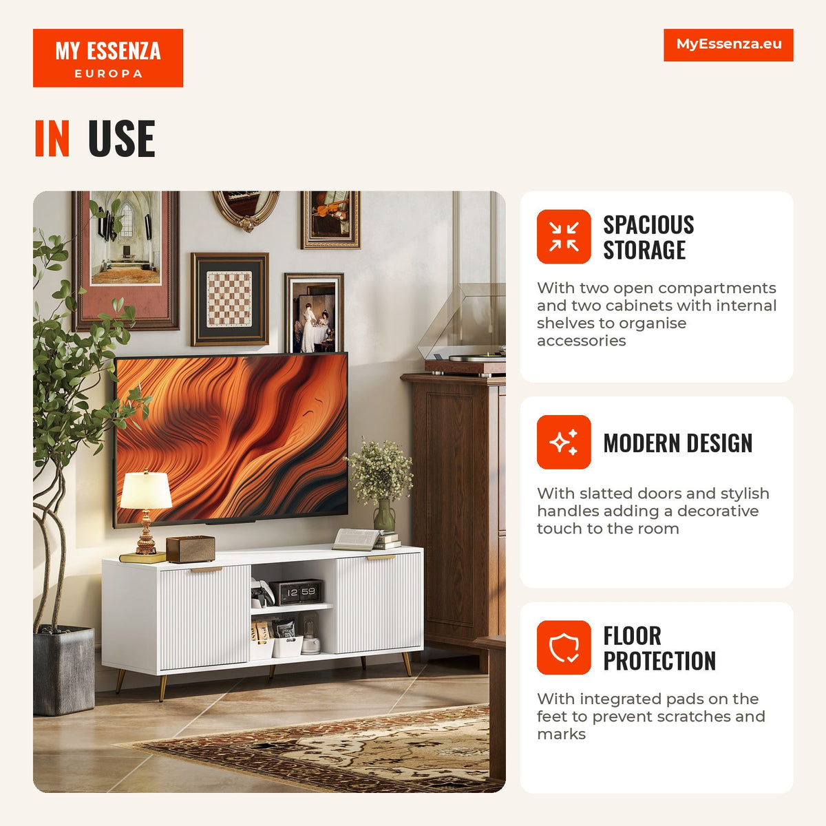 Modern TV Stand with 2 Open Compartments and 2 Doors for 55" TVs 120x35x48 cm White — Infografia EN (em utilização)