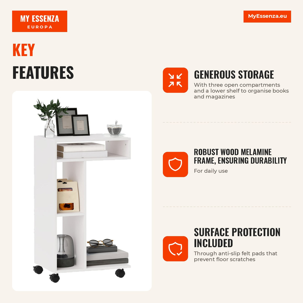 C-Shaped Side Table with Wheels and Open Compartments for Sofa, 40x30x69 cm, White — Infografia EN (vantagens)
