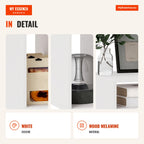 C-Shaped Side Table with Wheels and Open Compartments for Sofa, 40x30x69 cm, White — Infografia EN (detalhe)