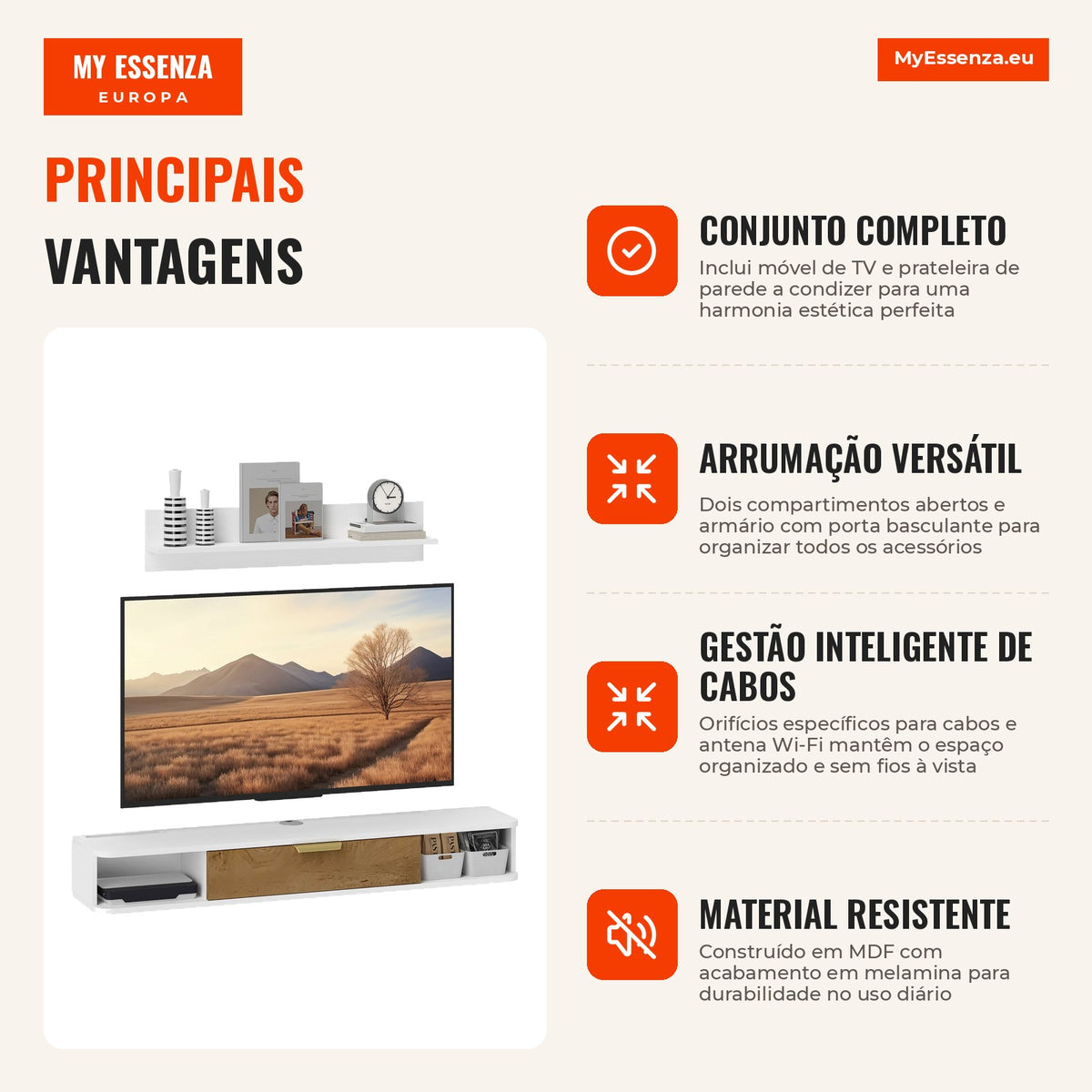 Living Room Furniture Set, TV Unit with Wall Shelf, Door, Open Shelves, Cable Holes, for Wall-Mounted TV, 120x24x16 cm,  — Infografia PT (vantagens)