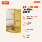 Table d'Appoint avec Station de Chargement Table Latérale 2 USB 1 USB-C et Pochette Organisatrice 25,5x40x71 cm Blanc — Infografia EN (medidas)
