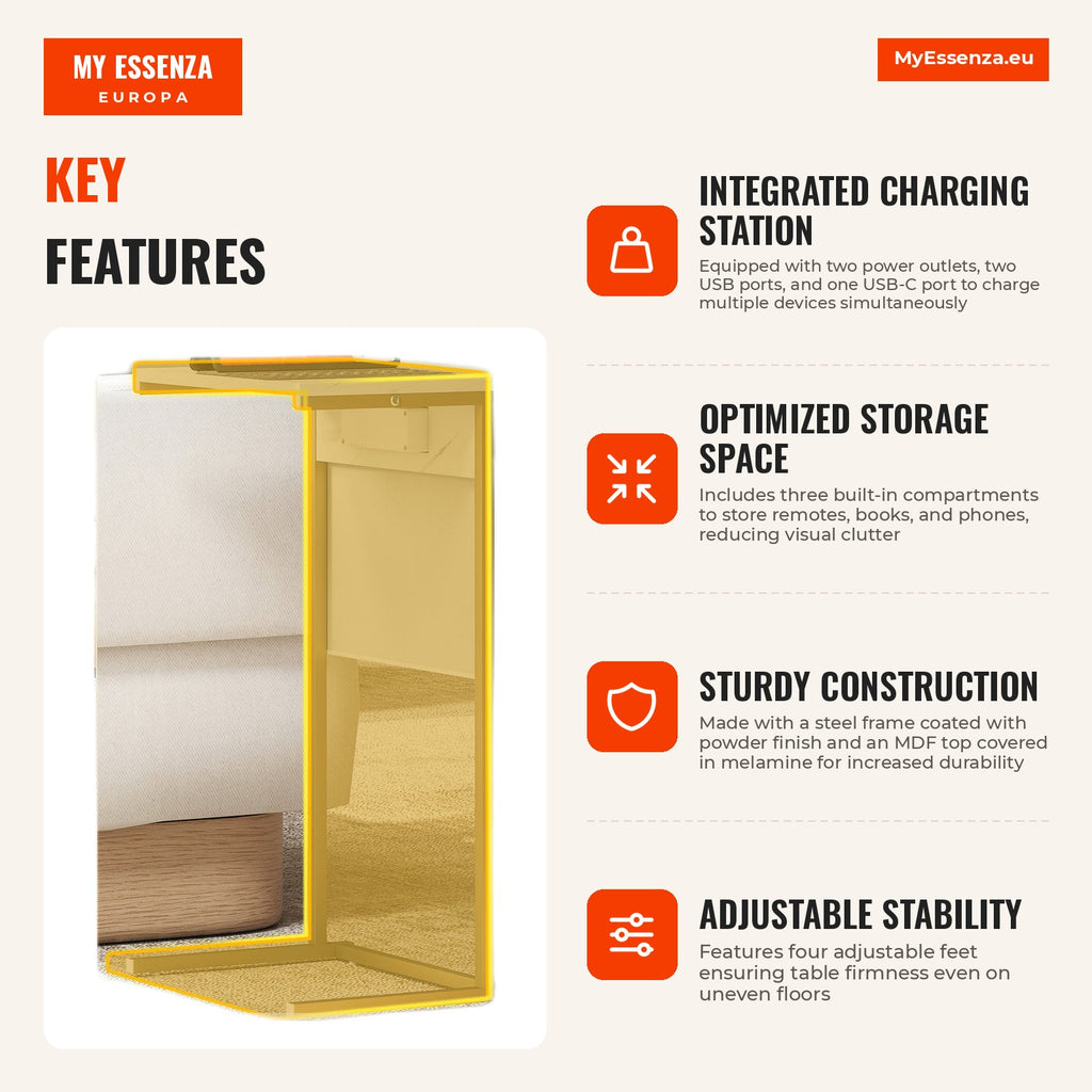 Table d'Appoint avec Station de Chargement Table Latérale 2 USB 1 USB-C et Pochette Organisatrice 25,5x40x71 cm Blanc — Infografia EN (vantagens)