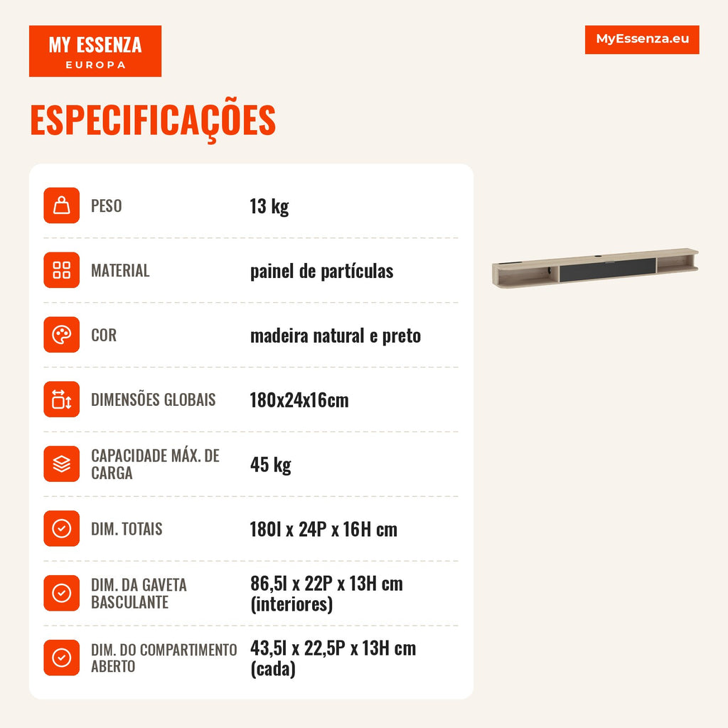 Móvel de TV Suspenso Móvel de TV para TV até 75 Polegadas (190,5 cm) Gaveta Rebatível 2 Prateleiras 180x24x16 cm Madeira — Infografia PT (especificações)