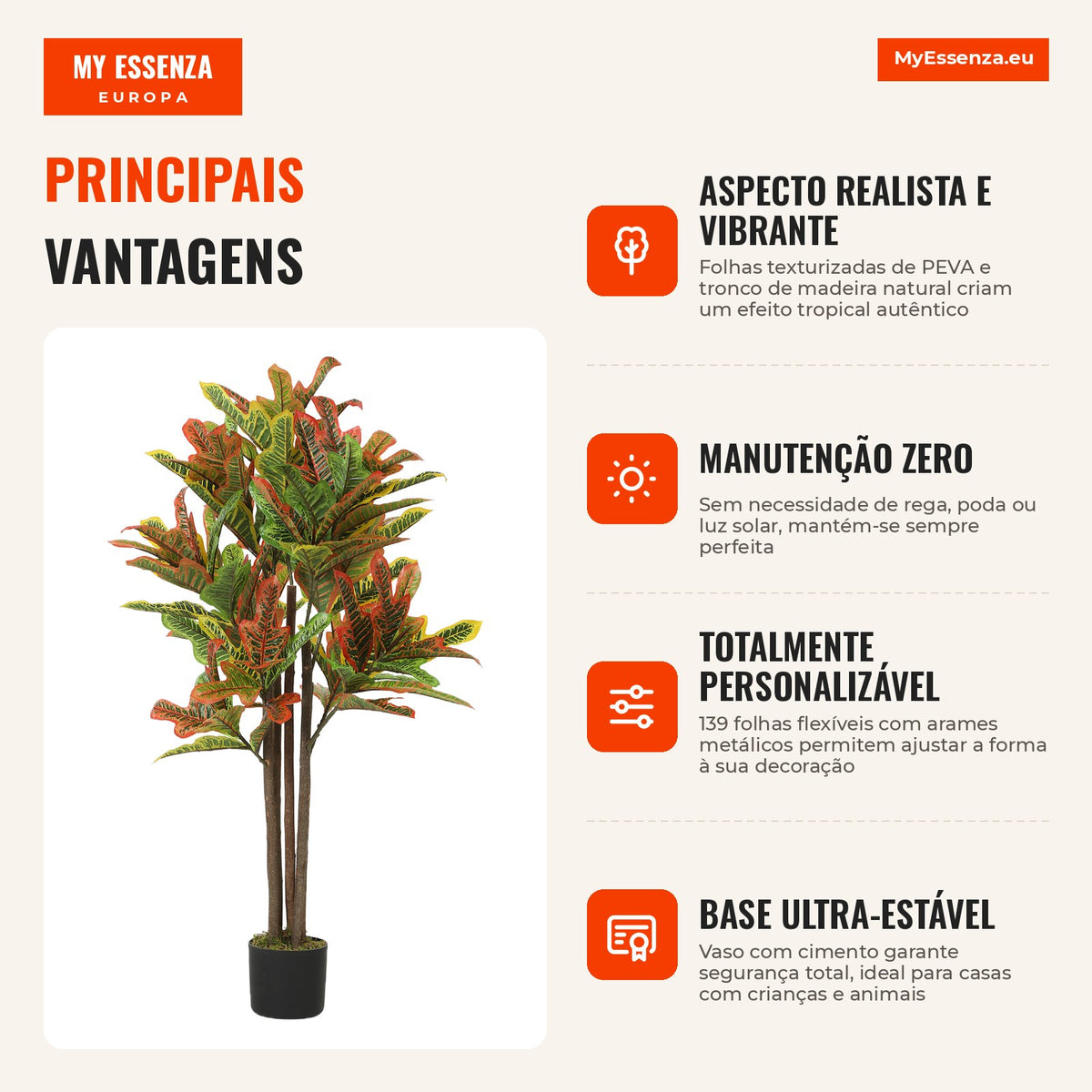Artificial Plant 120 cm Decorative Plant with Pot and Leaves for Interior Home Office Living Room Multicolor — Infografia PT (vantagens)