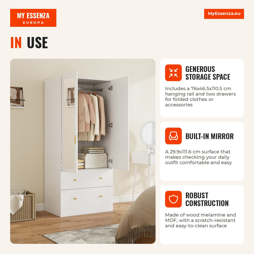 Armoire 2 portes 2 tiroirs avec miroir et barre 80x50x180 cm blanc — Infografia EN (em utilização)