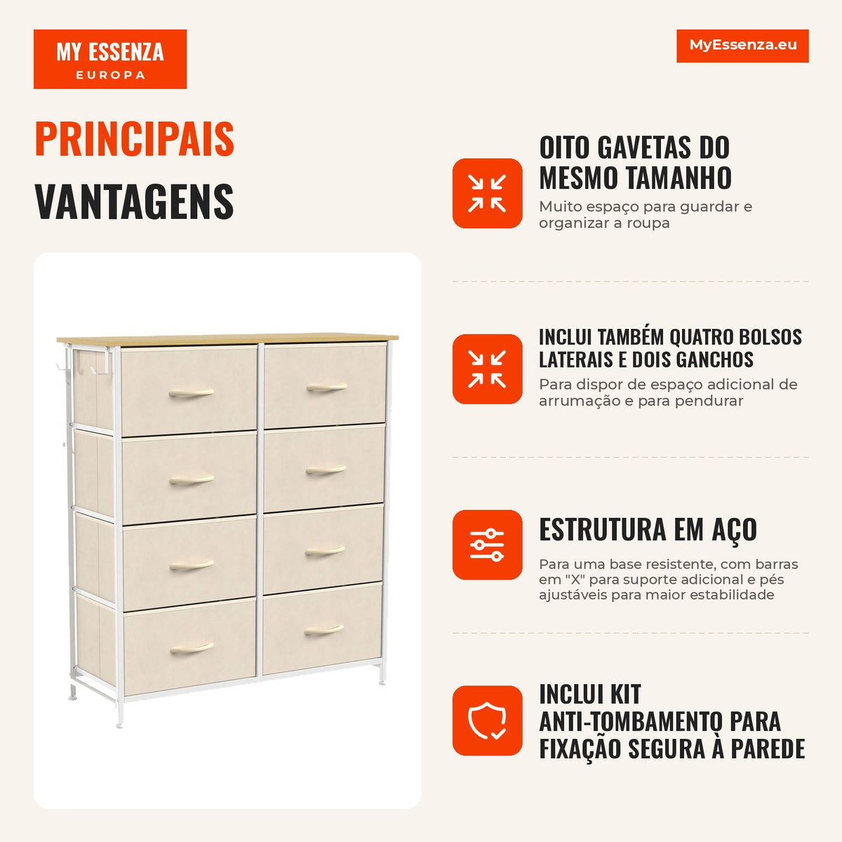 Cómoda de Quarto com 8 Gavetas em Tecido, Bege — Infografia PT (vantagens)