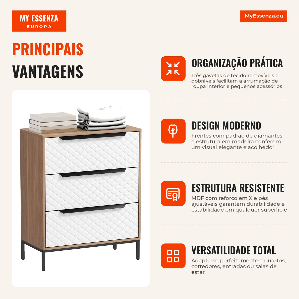 3-Drawer Fabric Chest of Drawers for Bedroom Diamond Pattern Front Storage Unit for Living Room Office Closet 59.5x30x73 — Infografia PT (vantagens)