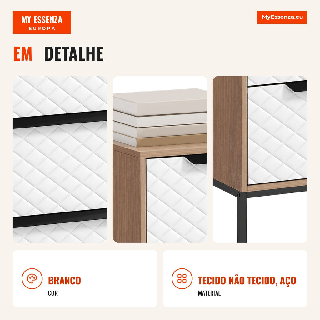 3-Drawer Fabric Chest of Drawers for Bedroom Diamond Pattern Front Storage Unit for Living Room Office Closet 59.5x30x73 — Infografia PT (detalhe)