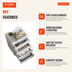 Cómoda com 4 Gavetas com Fecho Suave Cómoda para Quarto Sala de Estar Escritório Estilo Moderno 45x40x68 cm Branco — Infografia EN (vantagens)