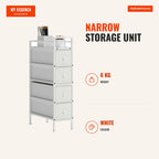 Narrow Storage Unit with 4 Fabric Drawers Chest of Drawers for Small Bedroom Narrow with Steel Frame for Small Spaces Li — Infografia EN (medidas)