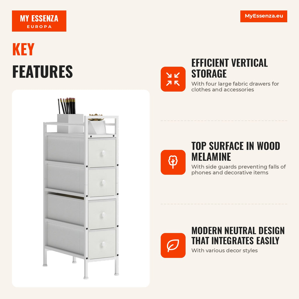 Narrow Storage Unit with 4 Fabric Drawers Chest of Drawers for Small Bedroom Narrow with Steel Frame for Small Spaces Li — Infografia EN (vantagens)