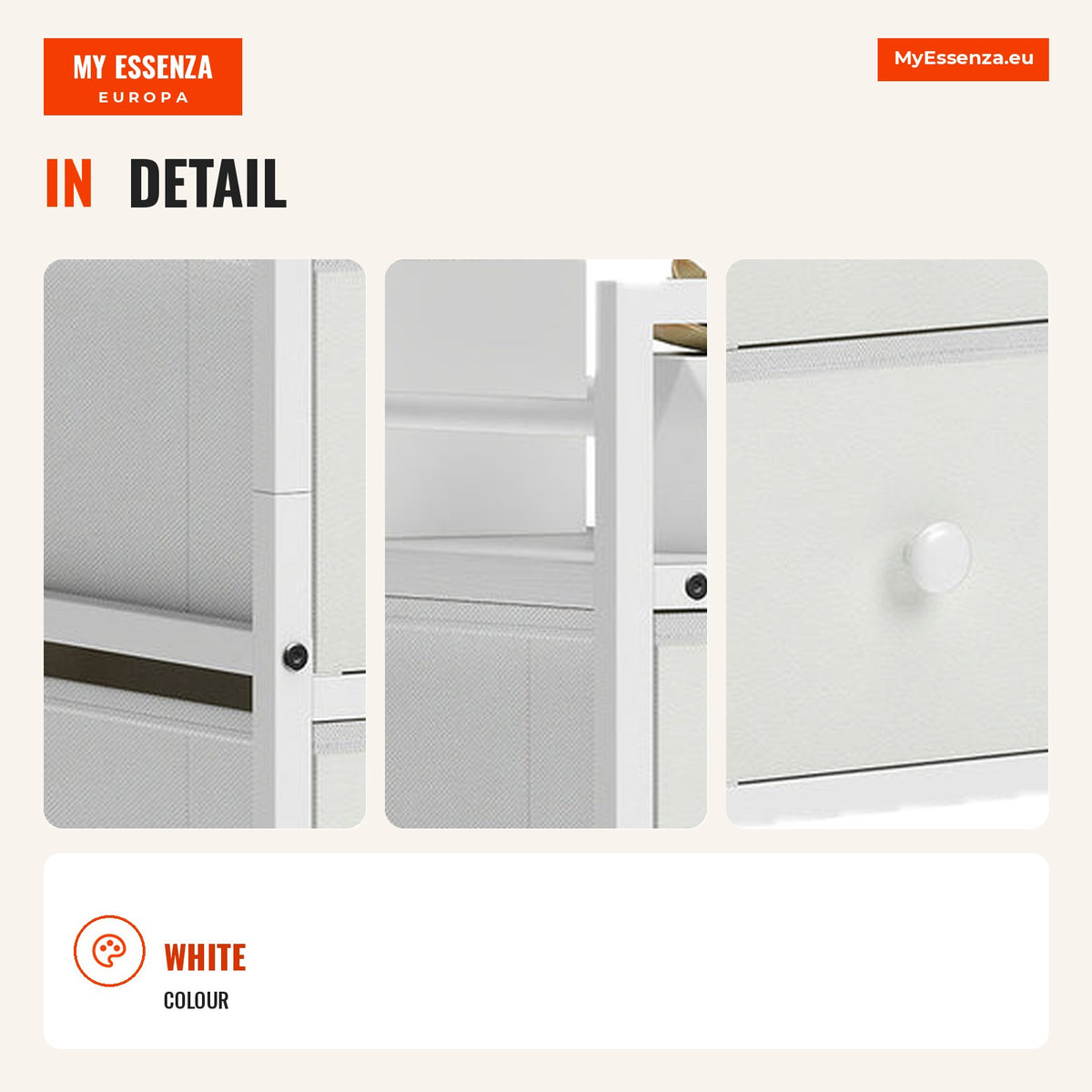 Narrow Storage Unit with 4 Fabric Drawers Chest of Drawers for Small Bedroom Narrow with Steel Frame for Small Spaces Li — Infografia EN (detalhe)