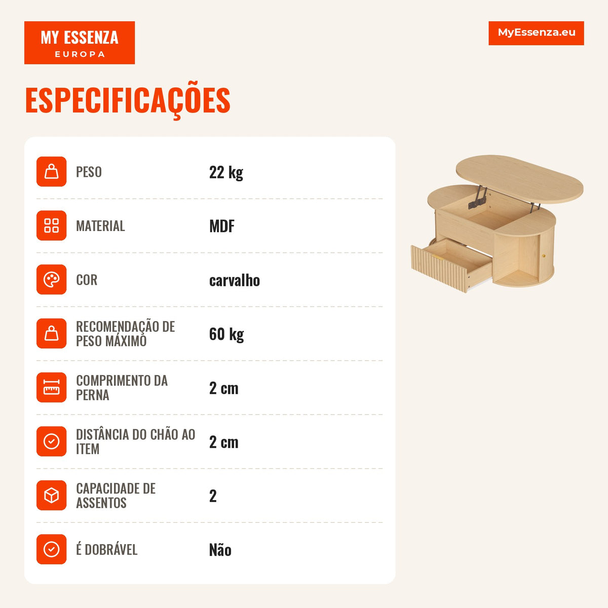 Mesa de Centro com Tampo Elevatório Oval Compartimento Oculto Gaveta Canelada Portas de Correr e Armários 100x50x40 cm C — Infografia PT (especificações)