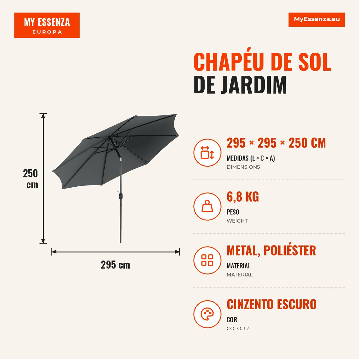 Garden Parasol Ø295x250cm with Crank, Adjustable Tilt and Detachable Metal Pole for Terrace Pool Patio Dark Grey — Infografia PT (medidas)