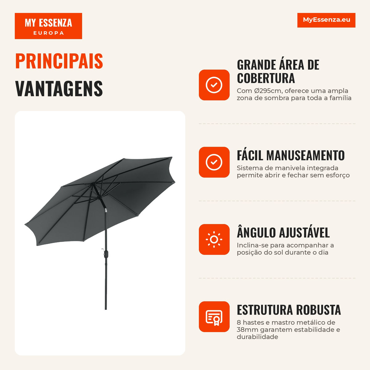 Garden Parasol Ø295x250cm with Crank, Adjustable Tilt and Detachable Metal Pole for Terrace Pool Patio Dark Grey — Infografia PT (vantagens)
