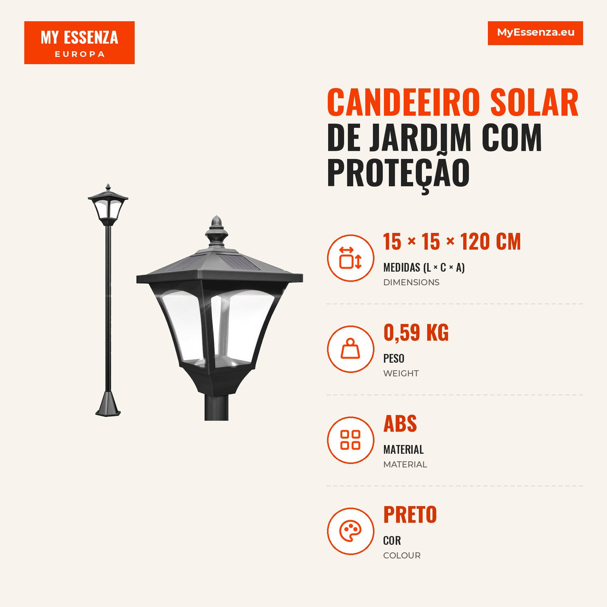 Solar Garden Lamp with IP44 Protection LED Lights for Outdoor Patio Balcony 15x15x120 cm Black — Infografia PT (medidas)