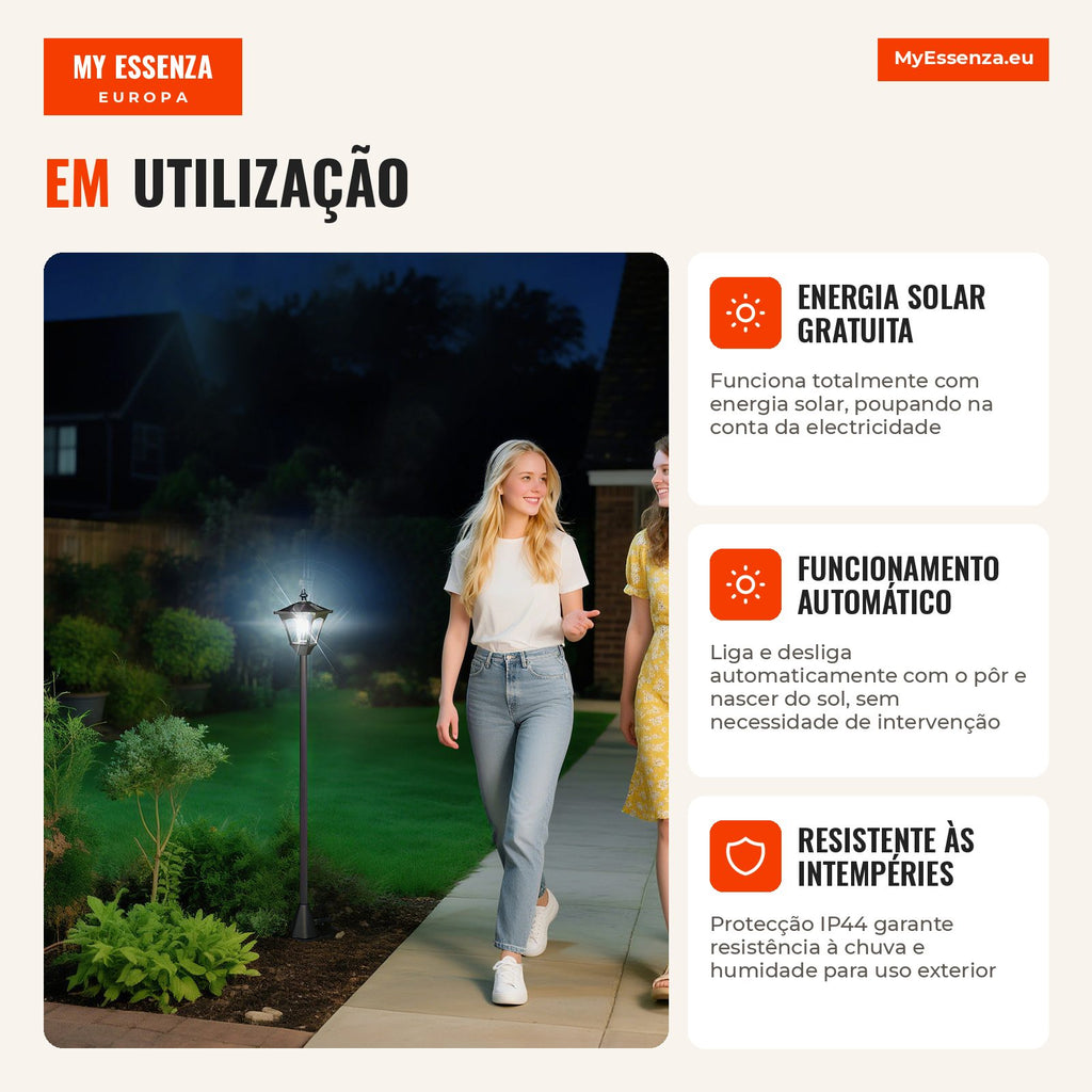 Solar Garden Lamp with IP44 Protection LED Lights for Outdoor Patio Balcony 15x15x120 cm Black — Infografia PT (detalhe)