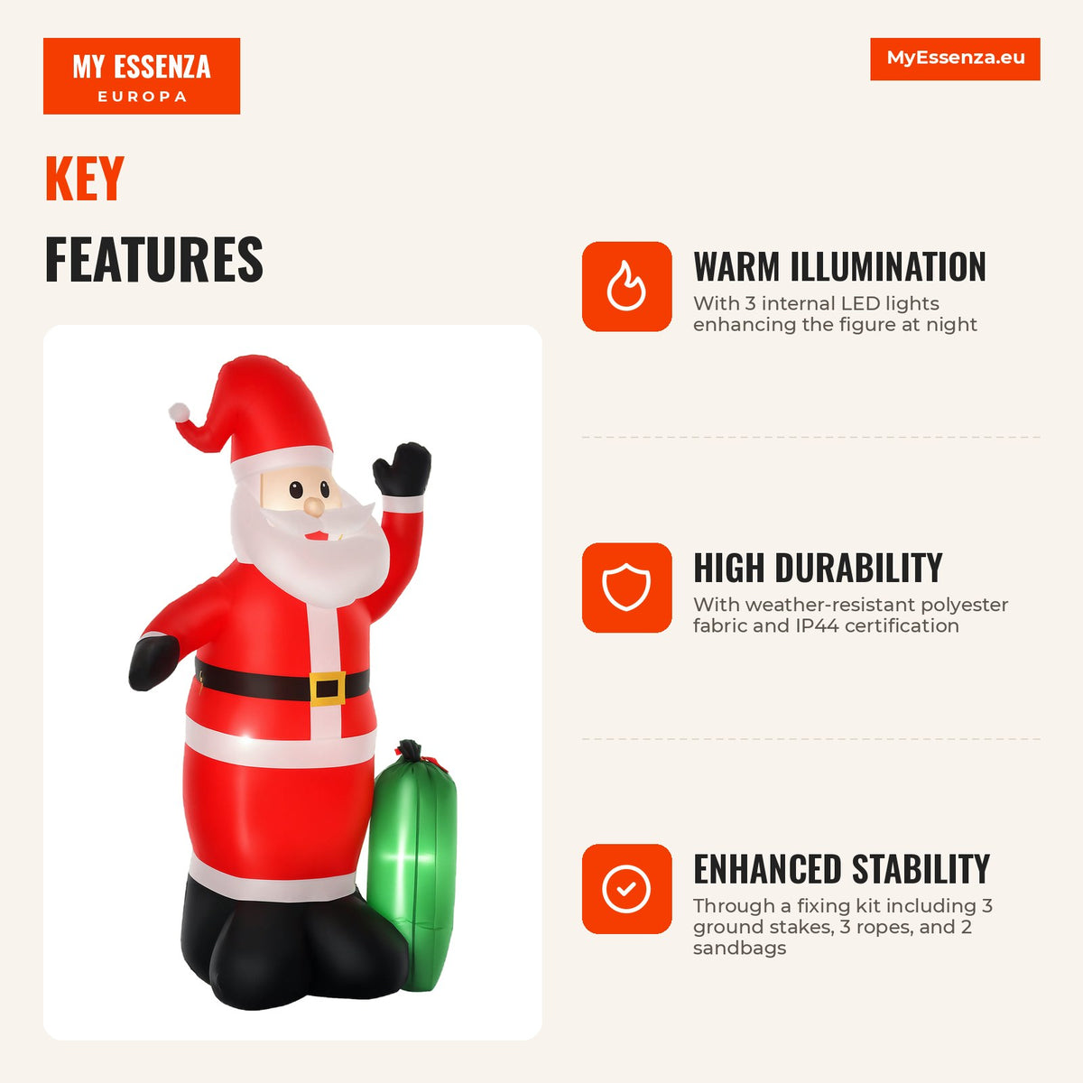 Inflatable Santa Claus with Gift Sack 3 LED Lights IP44 and Electric Inflator Christmas Decoration for Indoor and Outdoo — Infografia EN (vantagens)