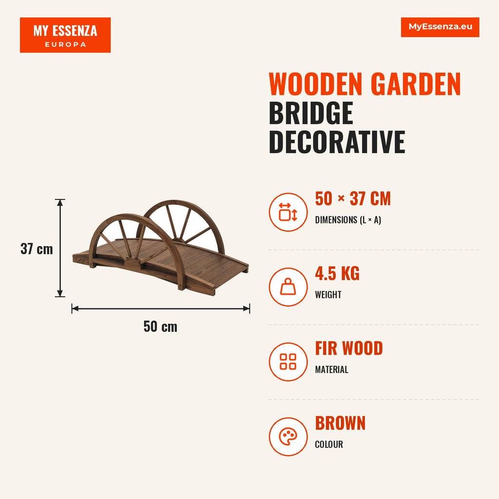 Wooden Garden Bridge Decorative Bridge with 150 kg Max Load and Semi-Circle Handrails 100x50x37 cm Brown — Infografia EN (medidas)