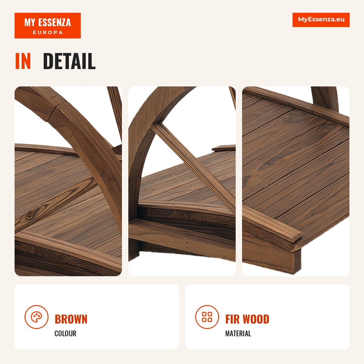 Wooden Garden Bridge Decorative Bridge with 150 kg Max Load and Semi-Circle Handrails 100x50x37 cm Brown — Infografia EN (detalhe)
