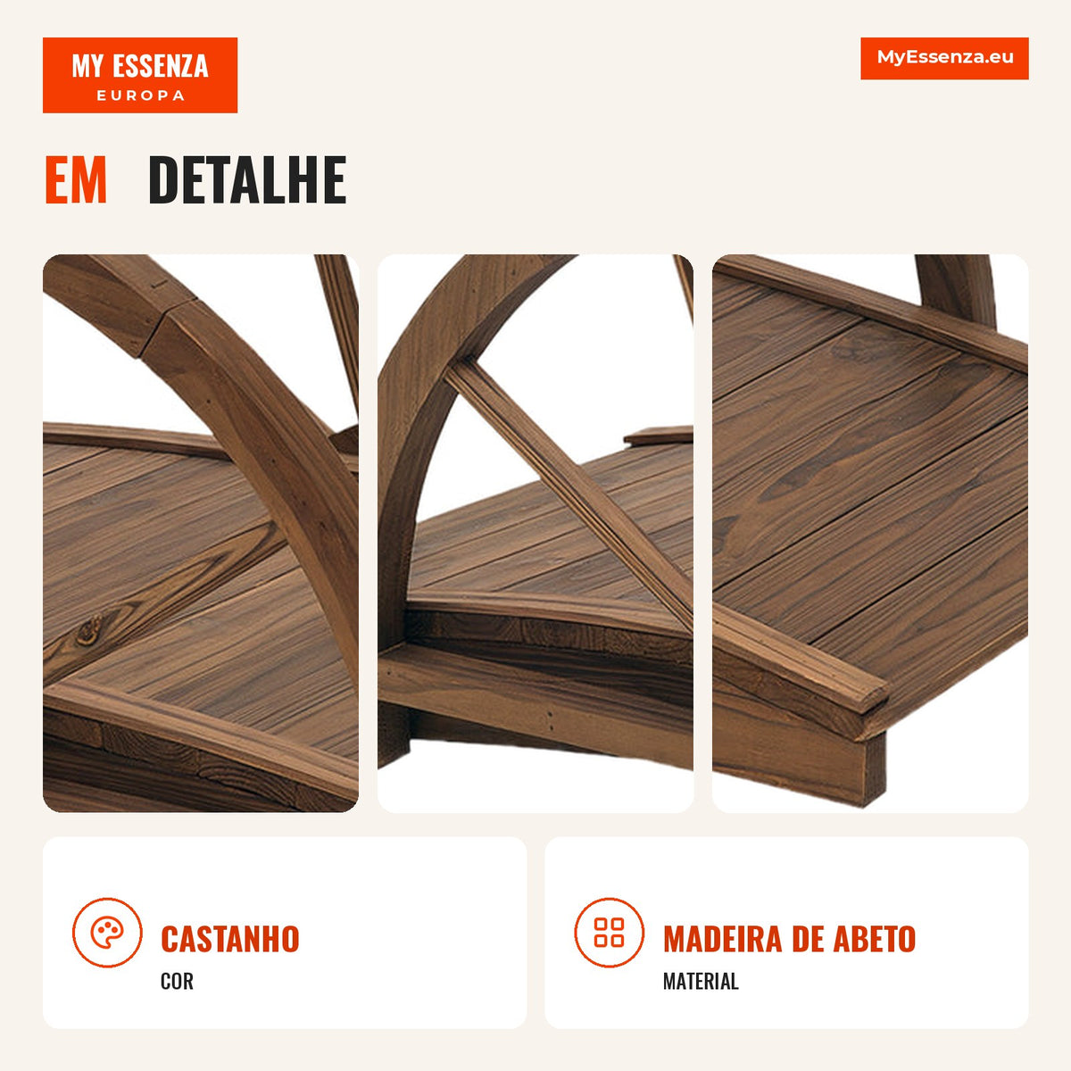 Wooden Garden Bridge Decorative Bridge with 150 kg Max Load and Semi-Circle Handrails 100x50x37 cm Brown — Infografia PT (detalhe)