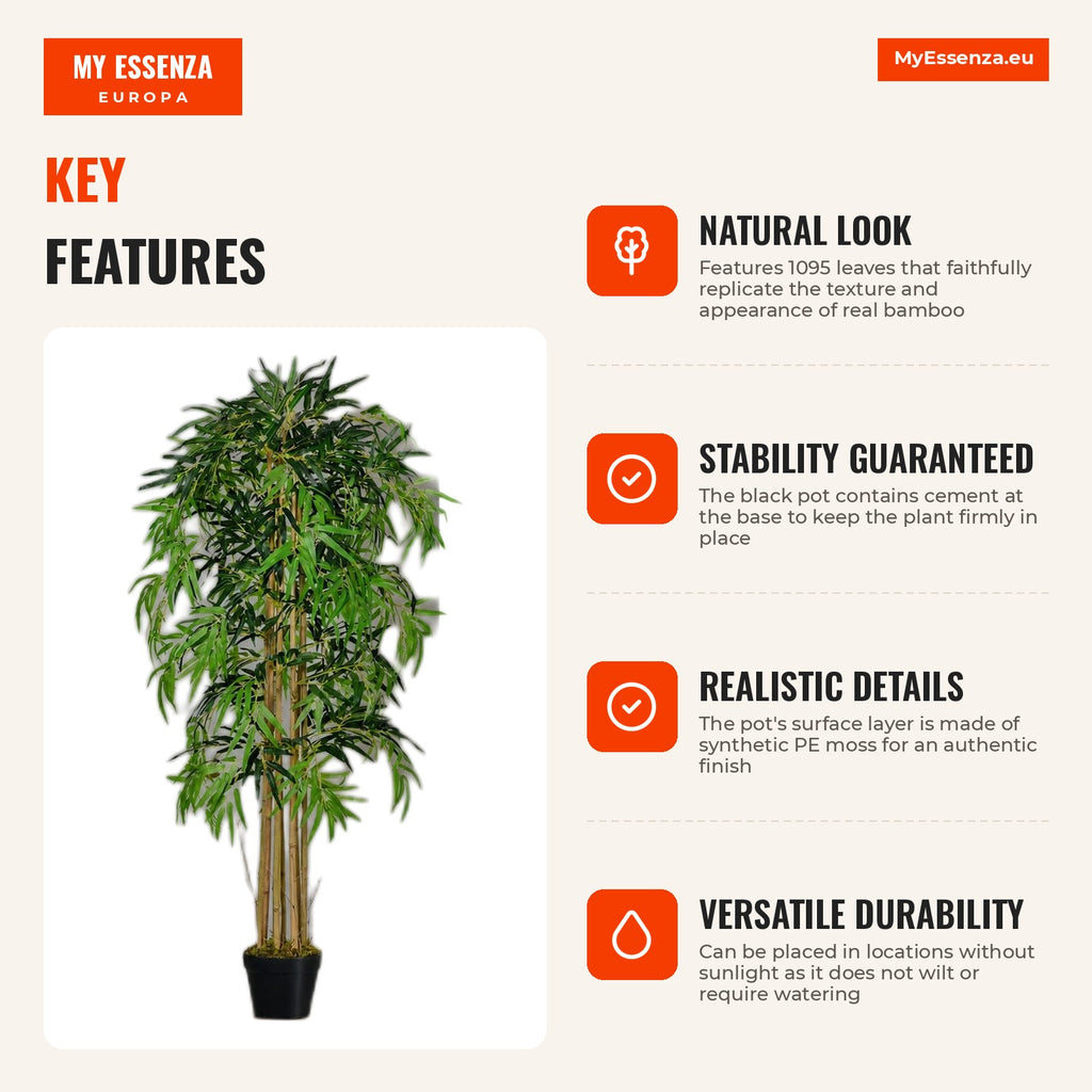 Bambú Artificial 150 cm con Maceta Decorativa Planta Sintética Realista Ø18x150 cm Verde — Infografia EN (vantagens)