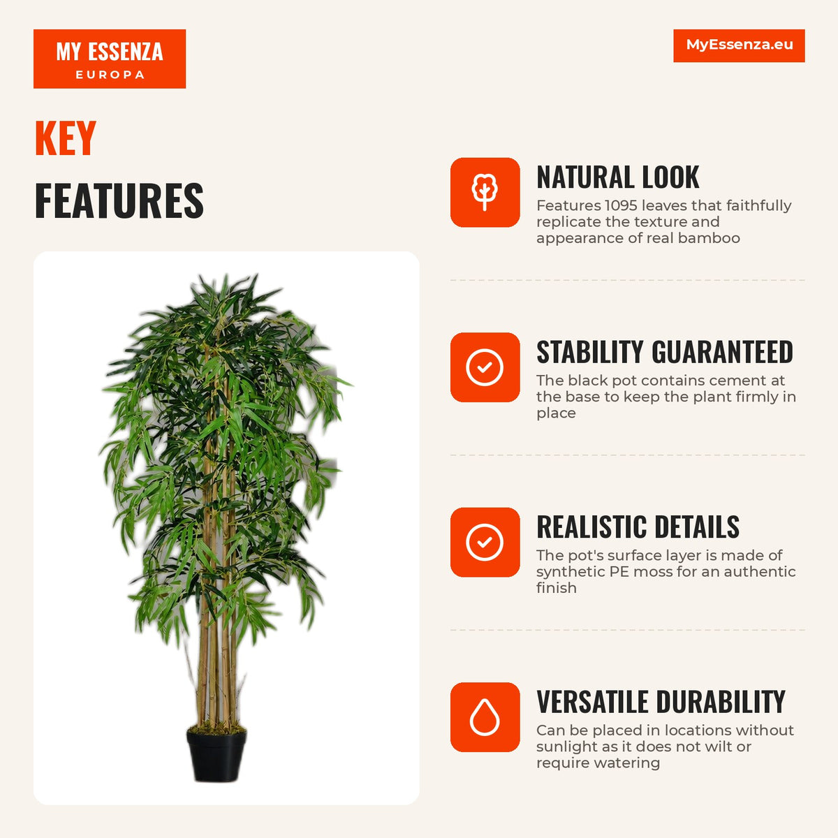 Bambú Artificial 150 cm con Maceta Decorativa Planta Sintética Realista Ø18x150 cm Verde — Infografia EN (vantagens)