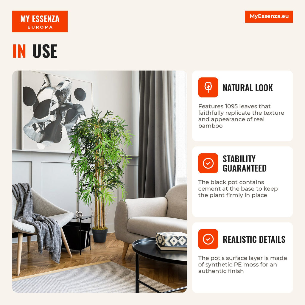 Bambú Artificial 150 cm con Maceta Decorativa Planta Sintética Realista Ø18x150 cm Verde — Infografia EN (em utilização)
