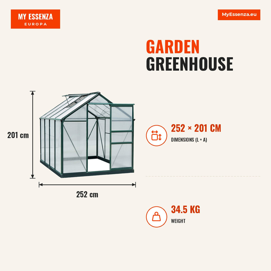 Garden Greenhouse 2x2.5m Polycarbonate and Aluminium with Roof Vent UV 30 Protection and 4.79 m² Base for Plants and Flo — Infografia EN (medidas)