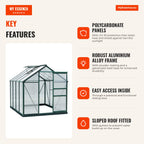 Garden Greenhouse 2x2.5m Polycarbonate and Aluminium with Roof Vent UV 30 Protection and 4.79 m² Base for Plants and Flo — Infografia EN (vantagens)