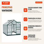 Garden Greenhouse 2x2.5m Polycarbonate and Aluminium with Roof Vent UV 30 Protection and 4.79 m² Base for Plants and Flo — Infografia PT (vantagens)