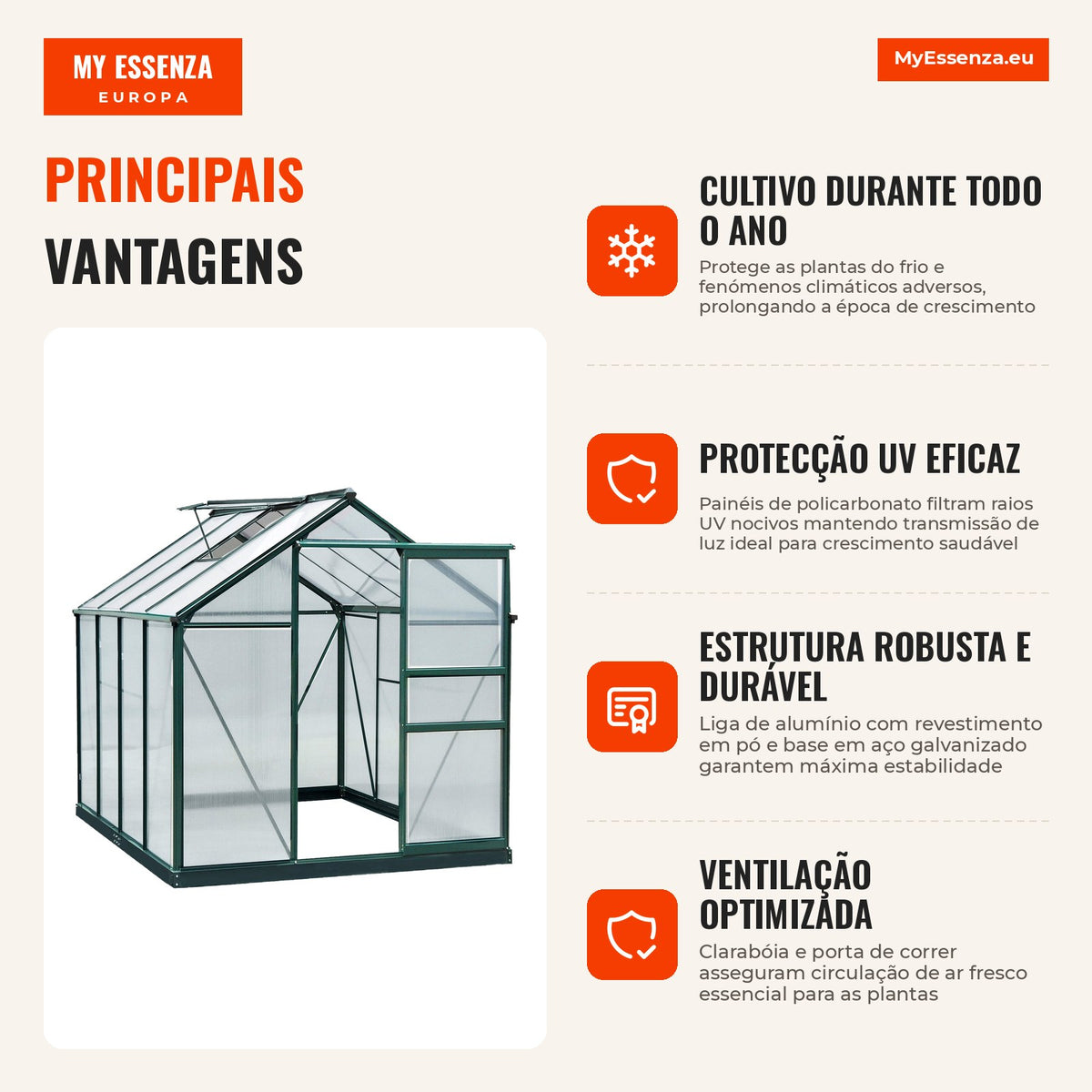 Garden Greenhouse 2x2.5m Polycarbonate and Aluminium with Roof Vent UV 30 Protection and 4.79 m² Base for Plants and Flo — Infografia PT (vantagens)