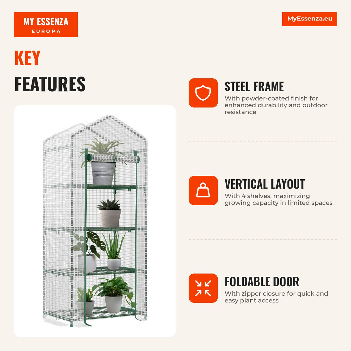 Garden Greenhouse with 4 Shelves and PE Cover, Steel Frame 70x50x160cm White Outsunny — Infografia EN (vantagens)