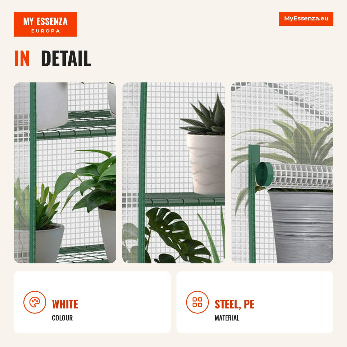Garden Greenhouse with 4 Shelves and PE Cover, Steel Frame 70x50x160cm White Outsunny — Infografia EN (detalhe)