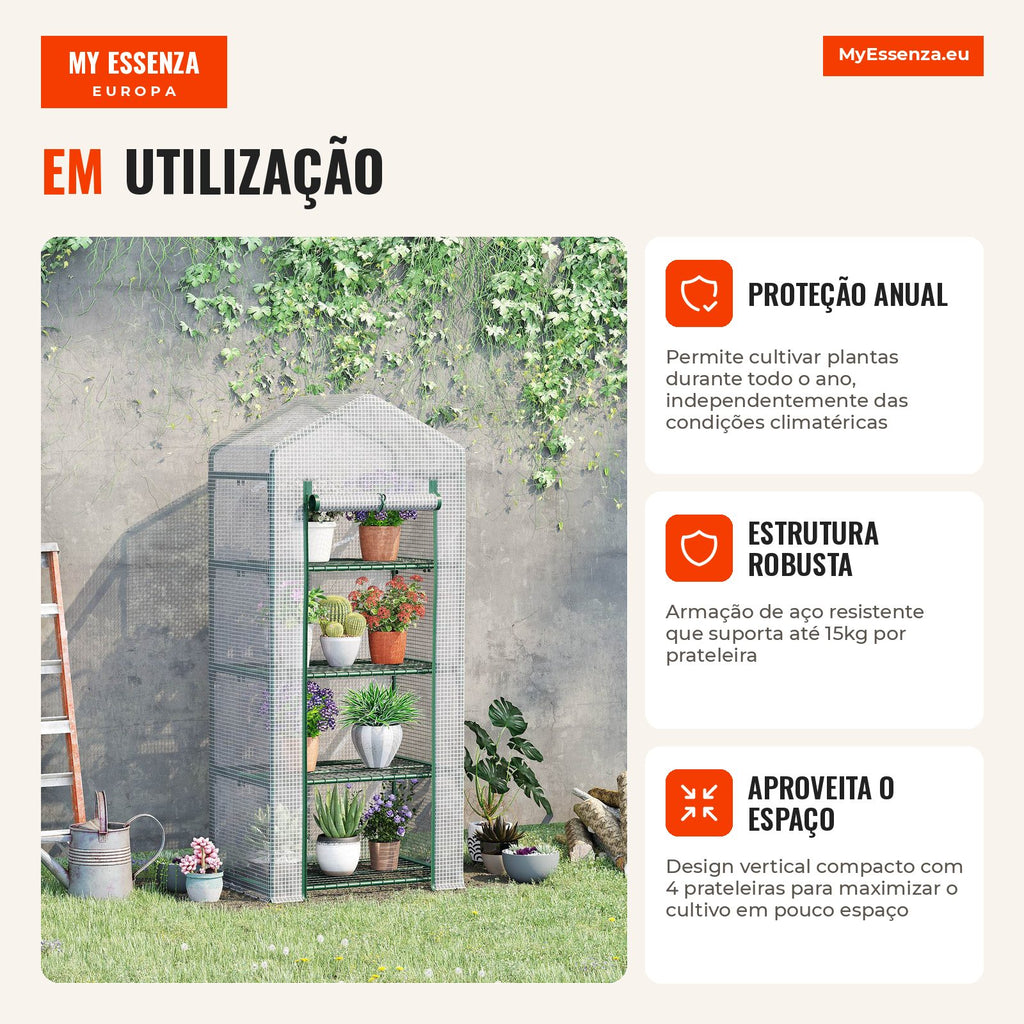 Garden Greenhouse with 4 Shelves and PE Cover, Steel Frame 70x50x160cm White Outsunny — Infografia PT (detalhe)