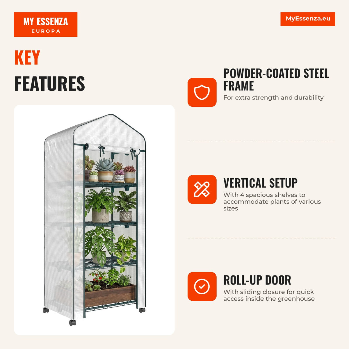 Garden Greenhouse with 4 Shelves and PE Cover Steel Greenhouse 69x50x165 cm White — Infografia EN (vantagens)
