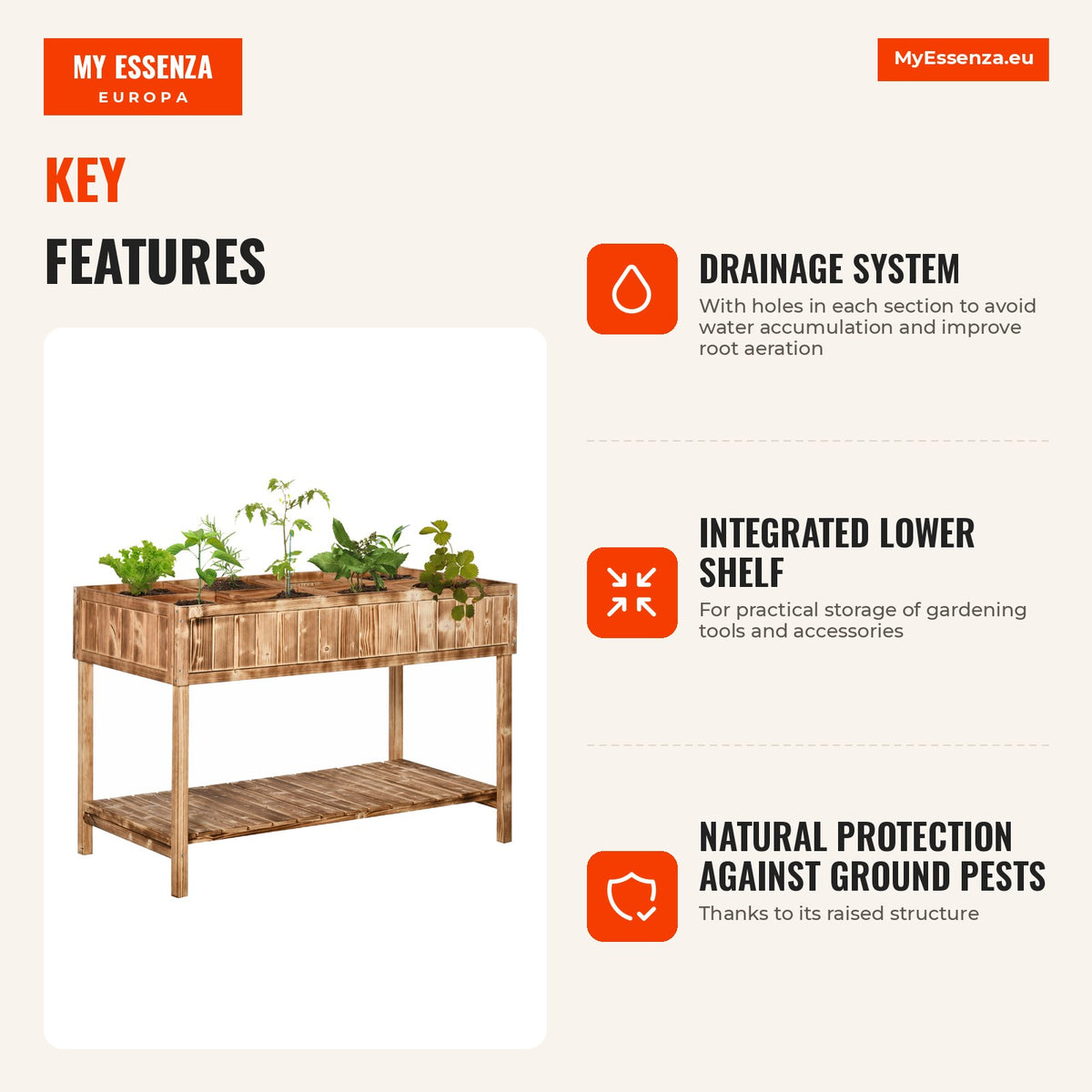 120x60x81cm Wooden Vertical Garden Elevated Planter with Lower Shelf for Plants and Flowers — Infografia EN (vantagens)