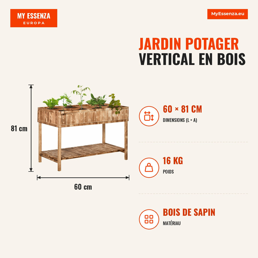 120x60x81cm Wooden Vertical Garden Elevated Planter with Lower Shelf for Plants and Flowers — Infografia FR (medidas)