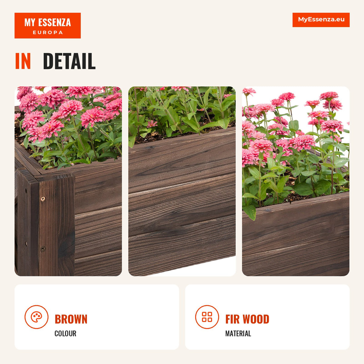 Vertical Wooden Planter Box Rectangular with Feet for Flowers Plants Cultivation 100x36.5x36cm Brown — Infografia EN (detalhe)