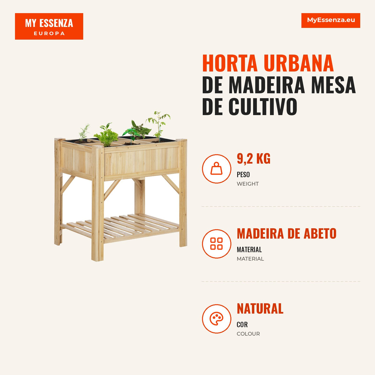 Wooden Urban Garden Raised Bed with 6 Compartments and Bottom Shelf for Plants and Flowers Outdoor Terrace Garden Capaci — Infografia PT (medidas)