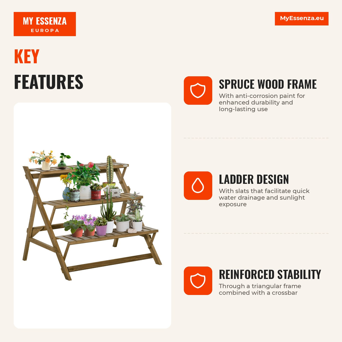 Wooden Ladder Plant Stand with 3 Shelves Foldable Pot Holder 101x83x88cm Brown — Infografia EN (vantagens)