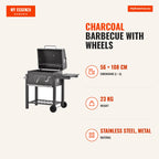 Charcoal Barbecue with Wheels, Side Shelf and Thermometer for Garden Camping 115x56x108cm Grey — Infografia EN (medidas)