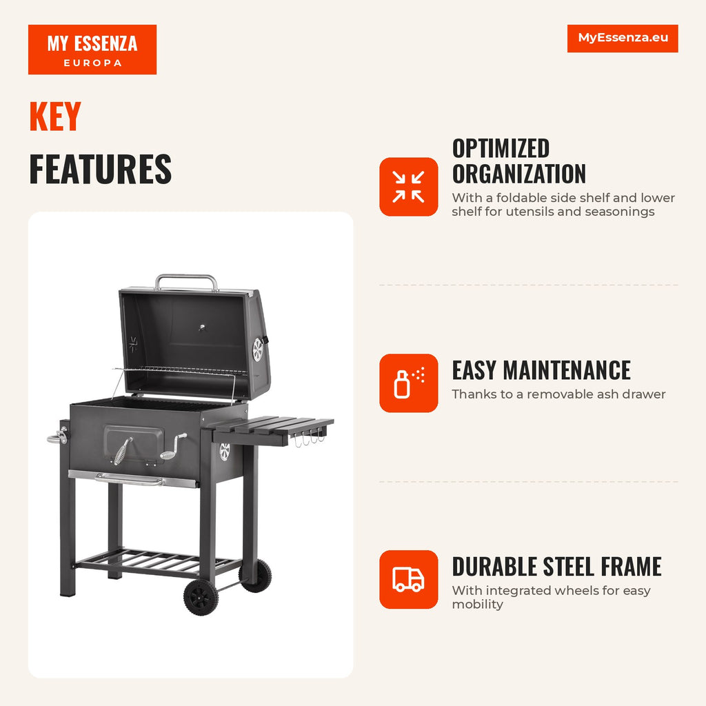 Charcoal Barbecue with Wheels, Side Shelf and Thermometer for Garden Camping 115x56x108cm Grey — Infografia EN (vantagens)