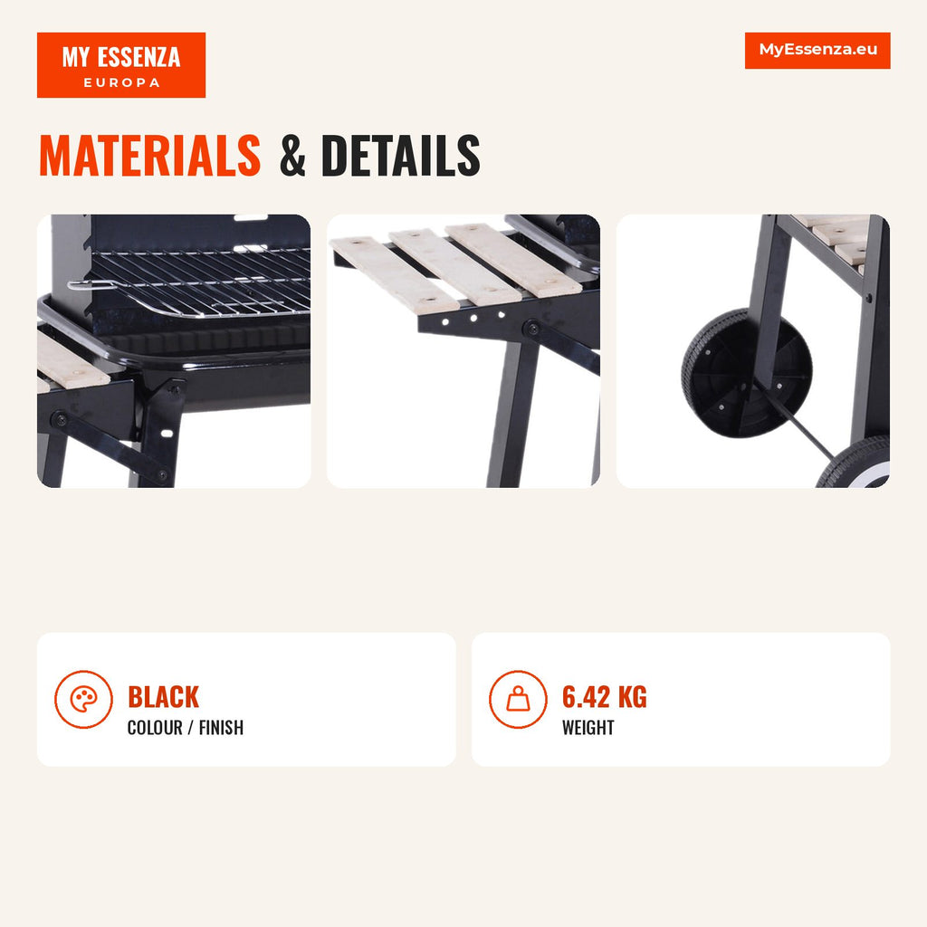 Barbecue au Charbon avec Grille Réglable, Étagères et Roulettes pour Jardin et Camping 83x45x87 cm Noir — Infografia EN (materiais e detalhes)