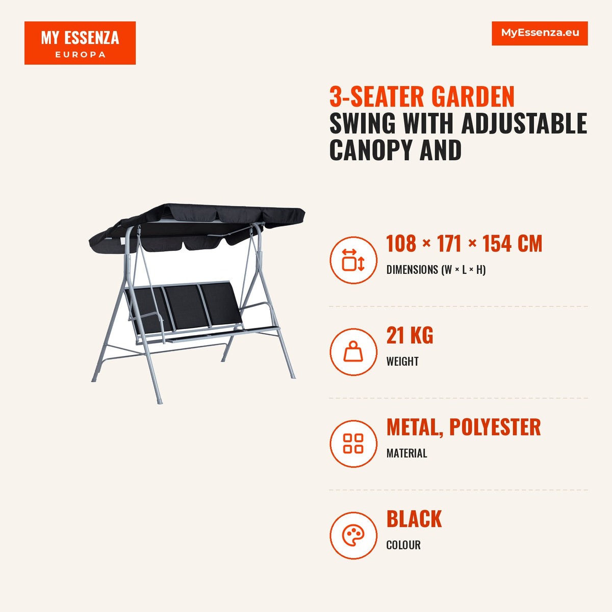 3-Seater Garden Swing with Adjustable Canopy and Breathable Backrest — Infografia EN (medidas)