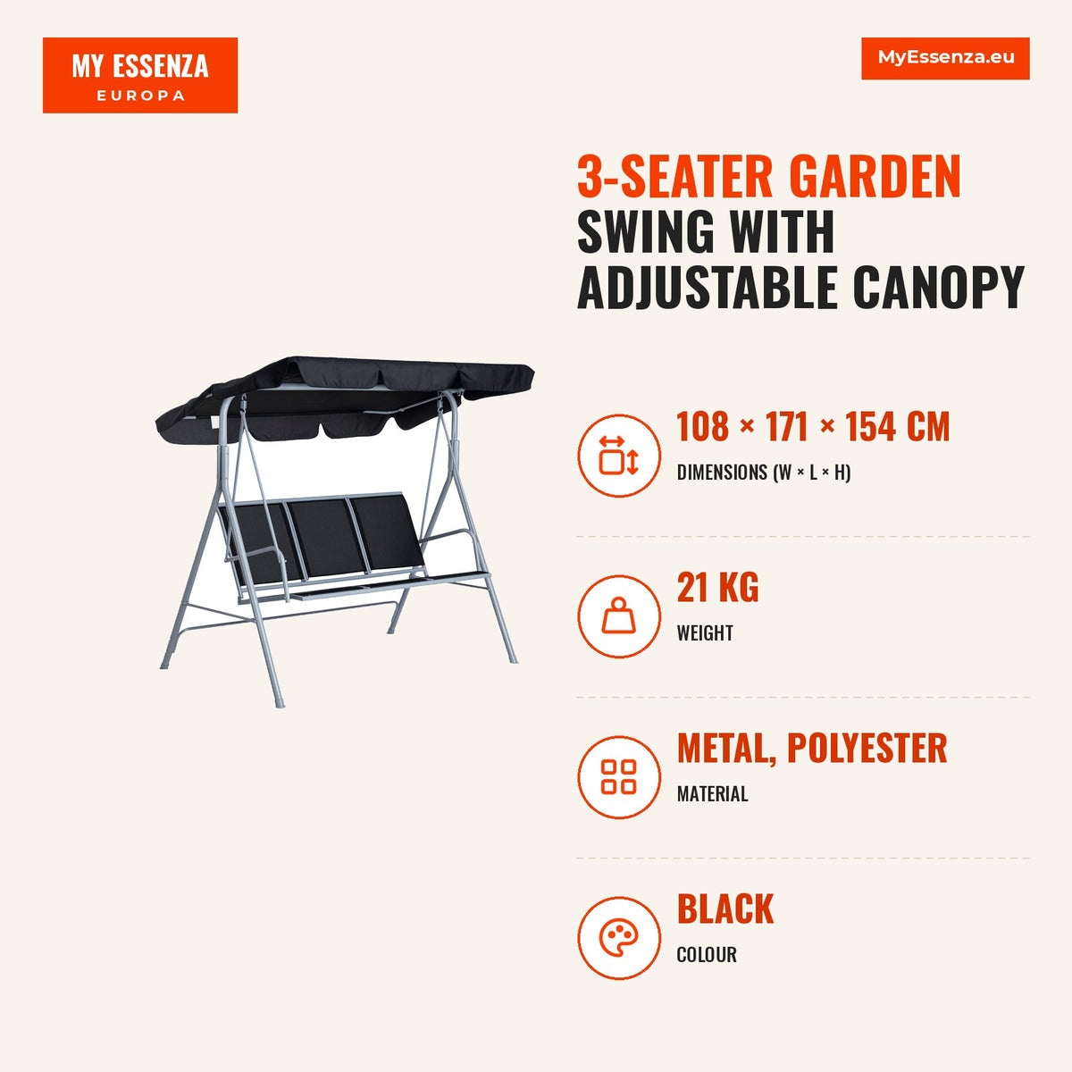 3-Seater Garden Swing with Adjustable Canopy and Breathable Backrest — Infografia EN (medidas)