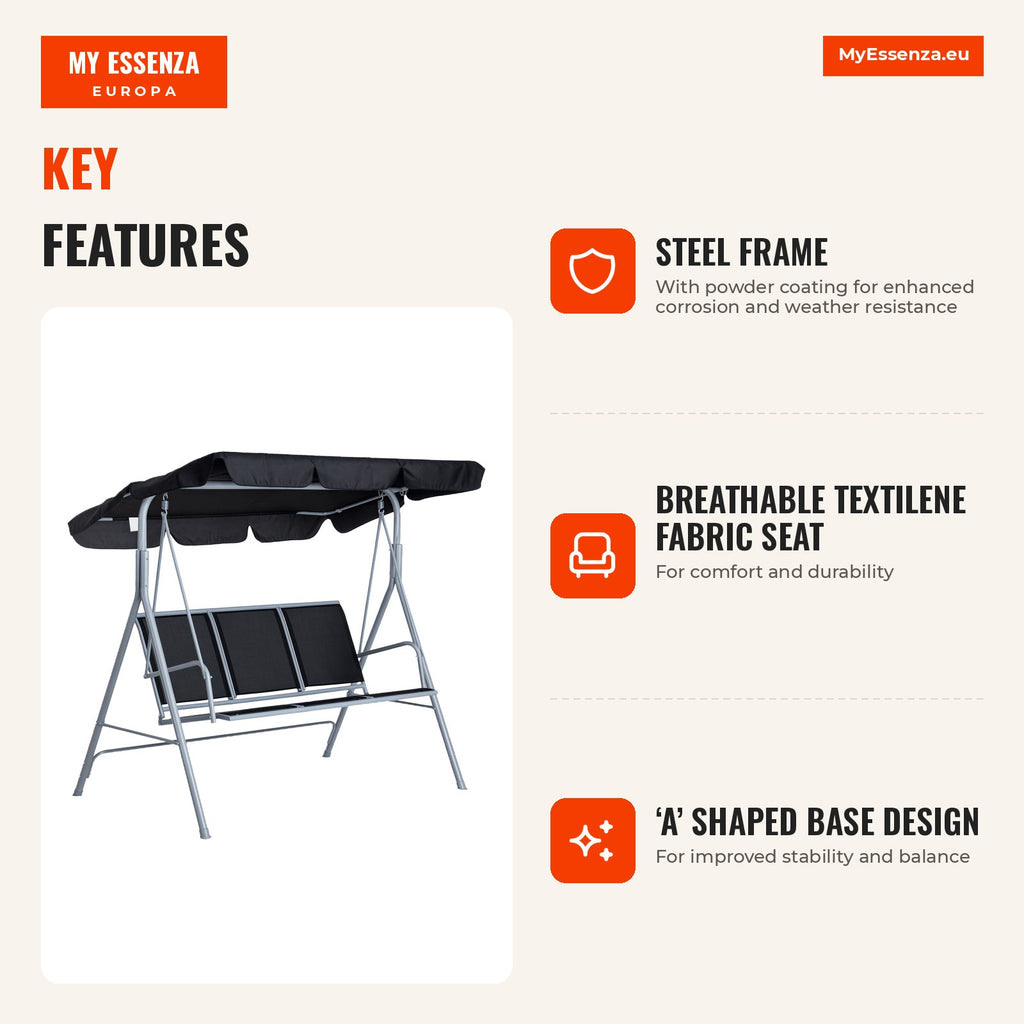 3-Seater Garden Swing with Adjustable Canopy and Breathable Backrest — Infografia EN (vantagens)