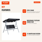 3-Seater Garden Swing with Adjustable Canopy and Breathable Backrest — Infografia EN (vantagens)